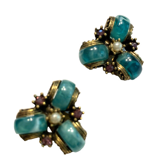 Vintage Mid Century Clip On Earrings Dressy Gold Green Purple Faux Pearl Beads - Picture 2 of 8